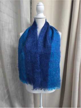 Vtg Lord & Taylor Blue Mohair Wool Fringe Scarf Wrap Gt Britain Shag Fluffy